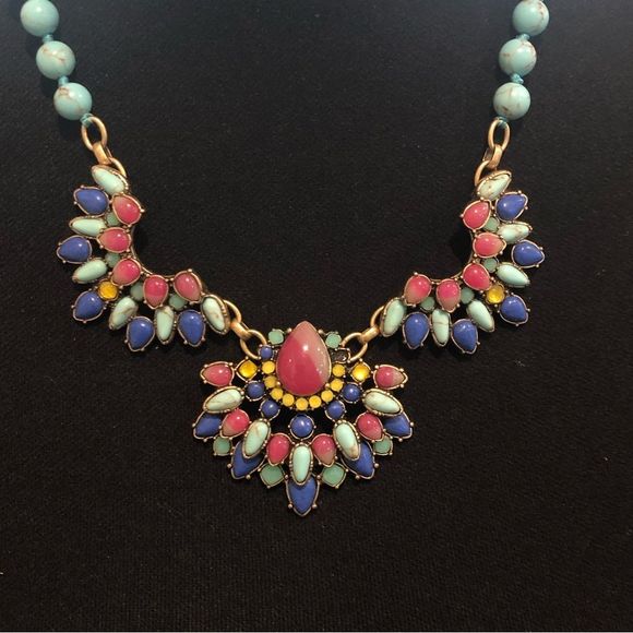 CHLOE and ISABEL Turquoise, Opal, Lapis Lazuli Inlay Antique Gold Plate Necklace - Picture 2 of 10